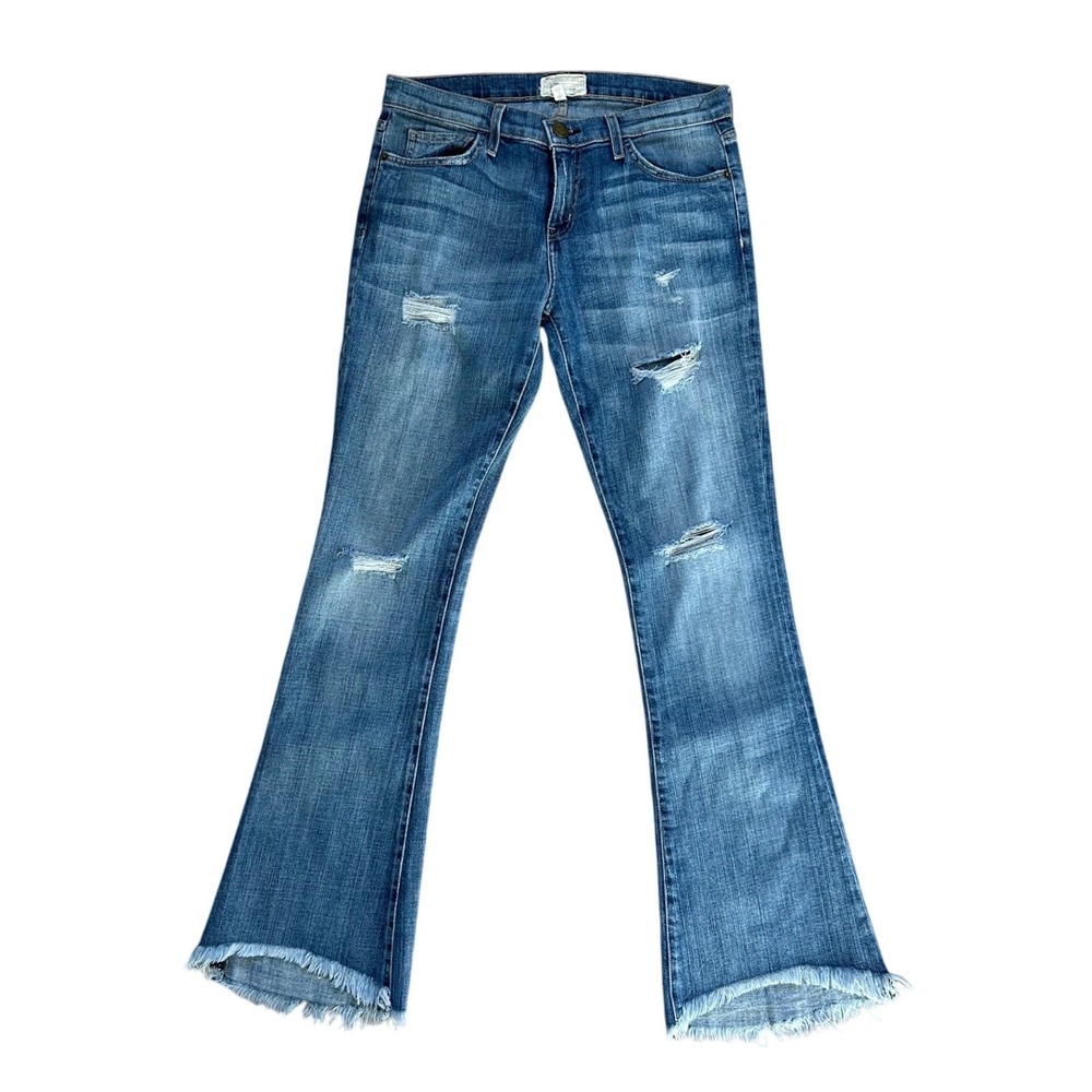 Current/Elliott The Kick Flare Jeans Distressed Raw Hem Medium Wash Blue 26